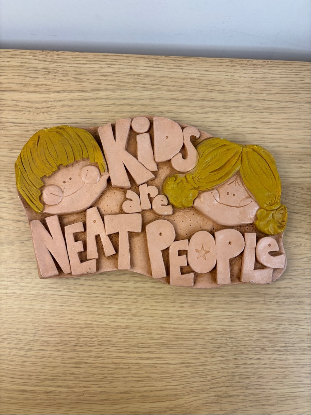 VTG 70’s “Kids Are Neat People” Chalkware Wall Plaque - Peach and Mustard Yellow